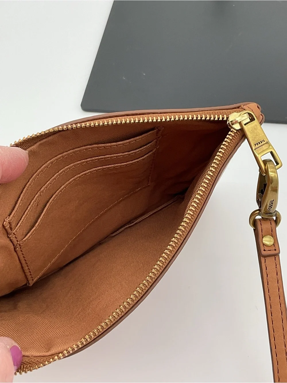 Fossil Tan Leather Wristlet Clutch with Multicolor Leaf Appliqués